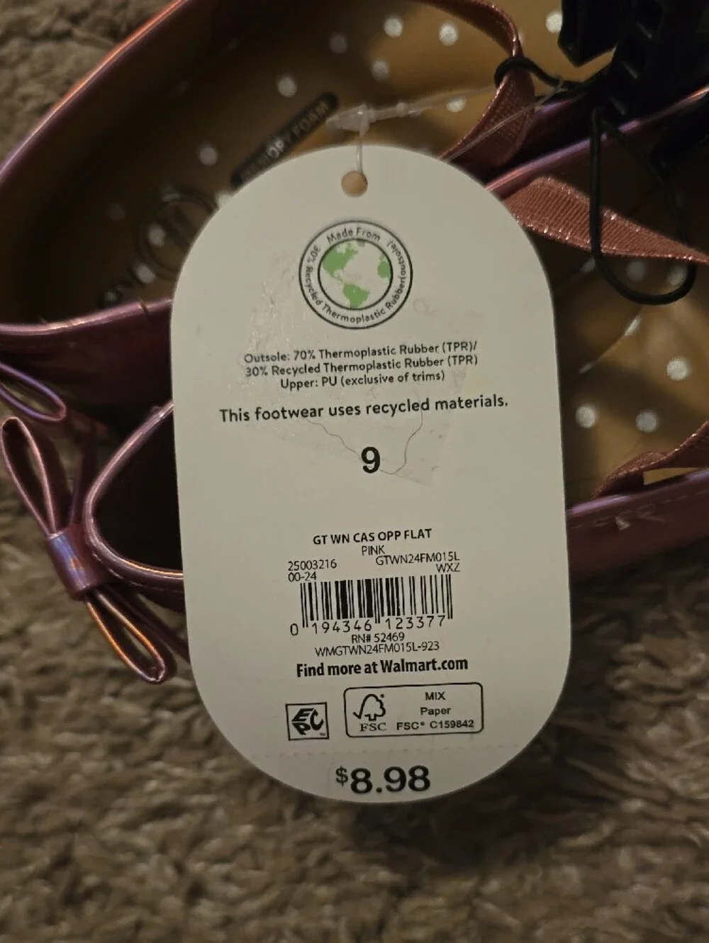 NWT Girls Pink Iridescent Ballet Flats with Bow - Size 9